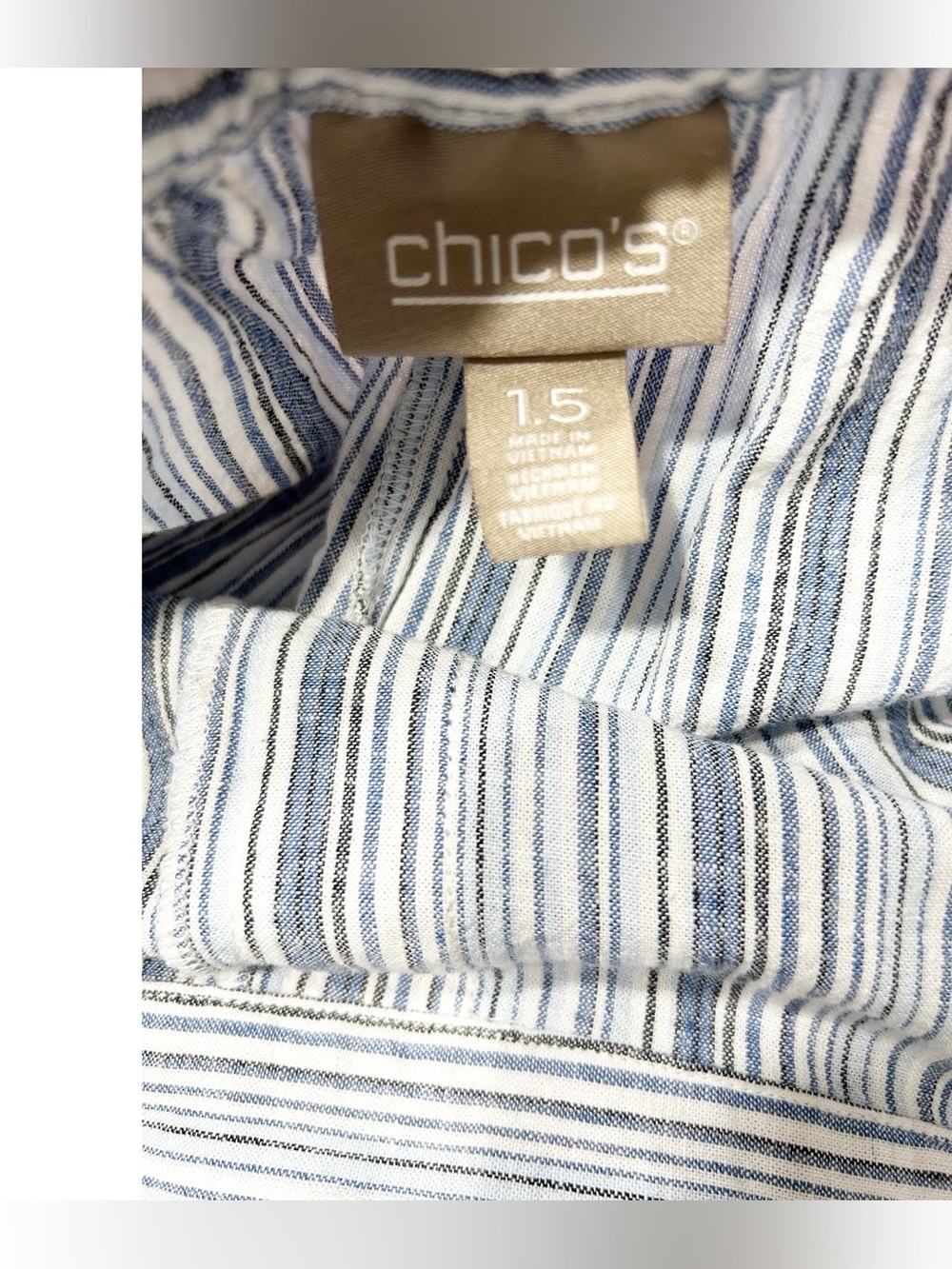 Chico’s Linen Blend Blue White Striped Wide Leg Crop Pants Size 1.5 - Picture 8 of 12